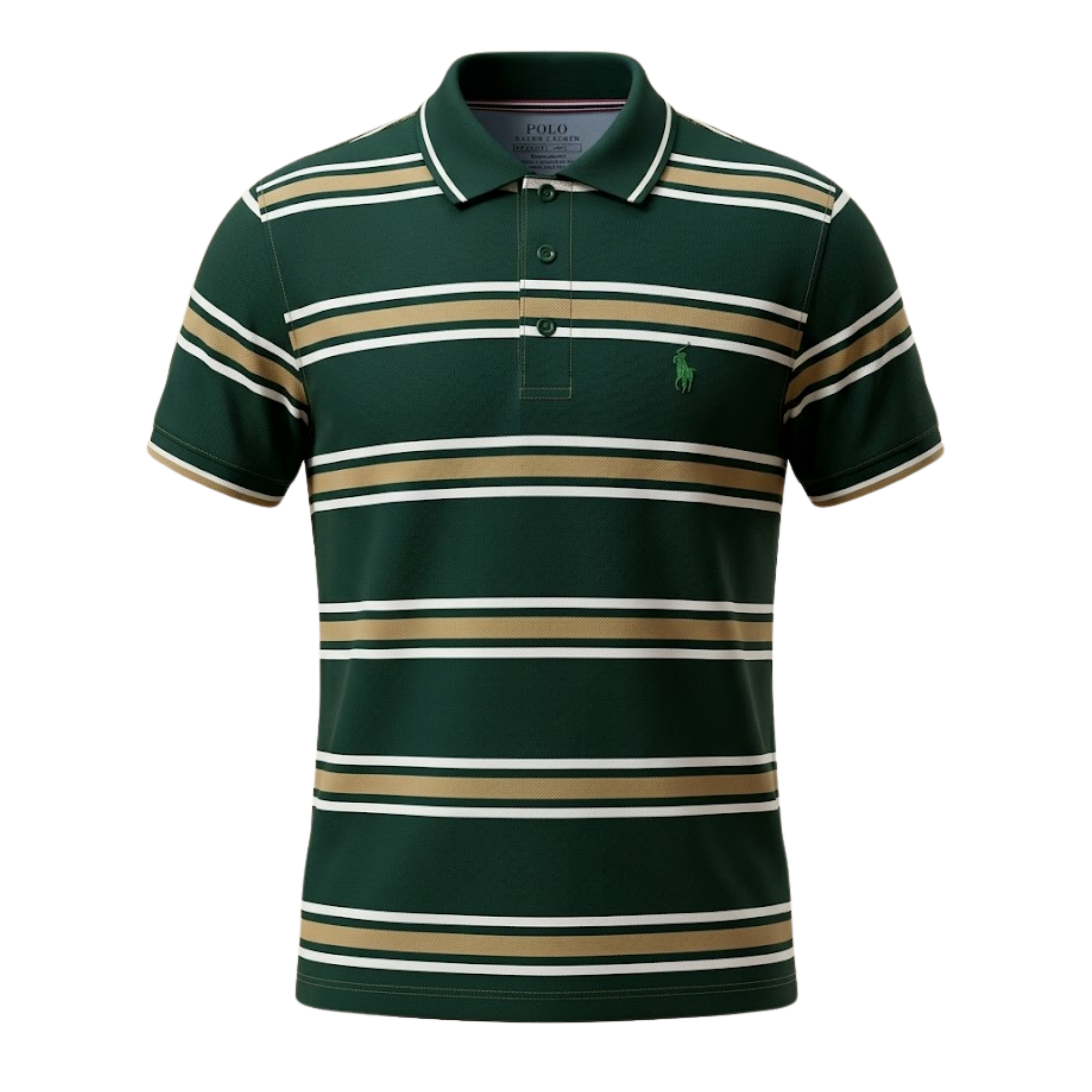 Green and beige striped polo shirt on a white background
