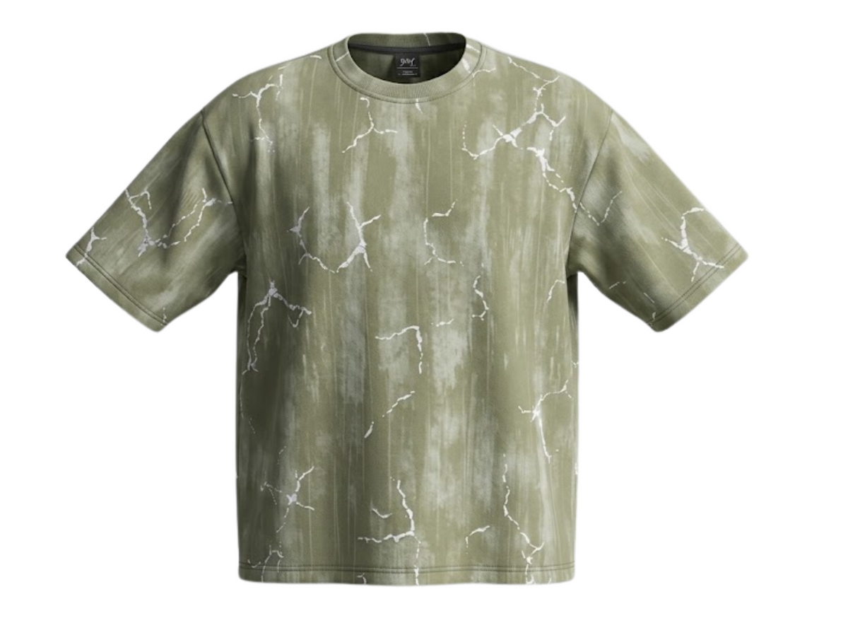 An oversized short-sleeve crewneck t-shirt in olive green with a white lightning-bolt pattern, shown against a plain white background.